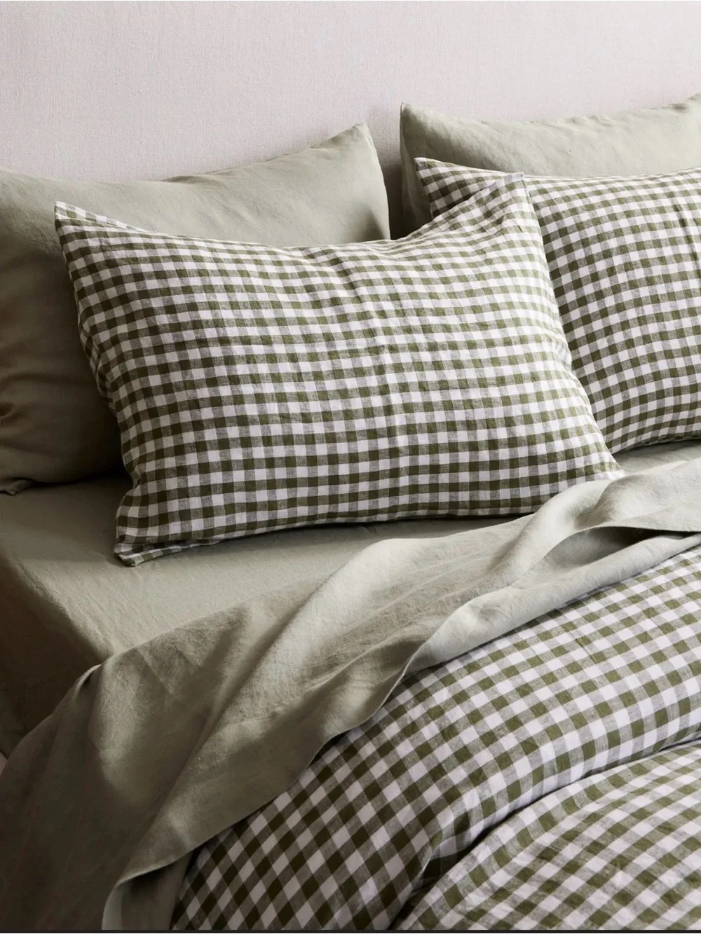 Quince NWOT European Linen Gingham Duvet Cover Set in Olive King/Cal King 1248